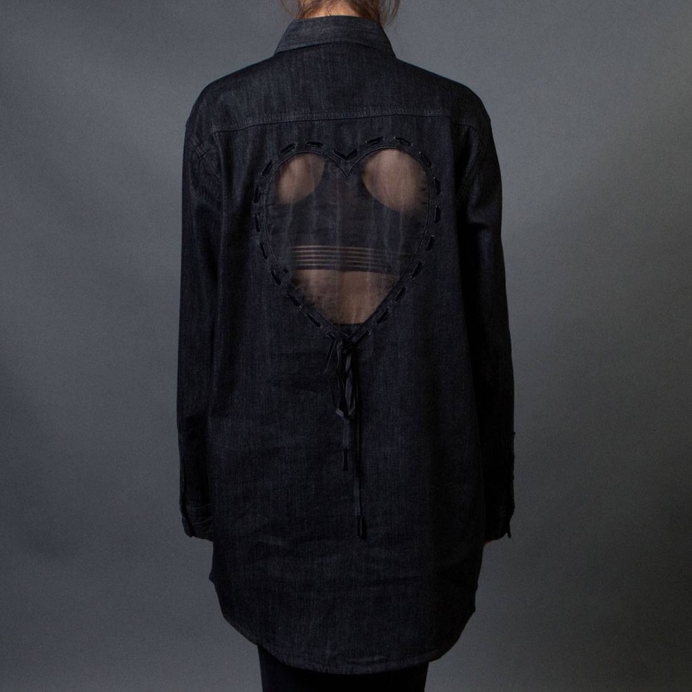 LAZY OAF Sheer Heart Denim Shirt Tunic Dress M/L